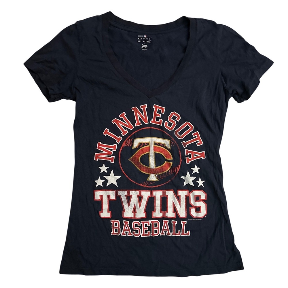 MLB Minnesota Twins V-Neck T-Shirt Womens Small Navy Blue Campus Lifestyle Tee